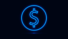 Dollar Icon With Circle Blue Neon Isolated On Dark Background. Vector Illustration
