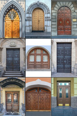 Wall Mural - nine wooden doors with beautiful decorative finishes in the historical part of different cities of the world