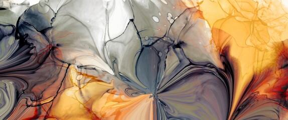 Wall Mural - luxury alcohol ink background with fire orange and yellow color, grey contrast, modern design elemen