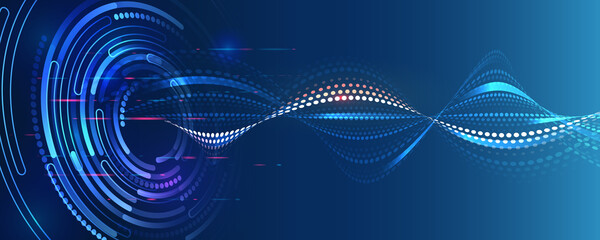 Poster - The global wireless standard concept. Hi-tech communication illustration on a blue background. 5G high-speed information transmission technology.