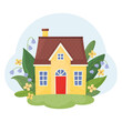 Cute yellow house surrounded by flowers and leaves. Fairytale fantasy house for a dwarf or elf.