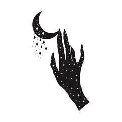 Wall Mural - Hand Drawn Dark Witch Hand with Moon and Stars, Vector Set of Female Hands and Moon with Sunburst. Mystic Occult Silhouettes