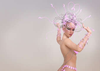 Wall Mural - A 3d digital rendering of a woman with pink and silver fantasy headress and chains with minimal light gray background.