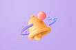 3D minimal notification bell icon with color objects floating around on pastel background. new alert concept for social media element. 3d bell alarm vector render isolated on purple pastel background