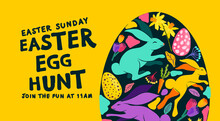 Yellow Happy Easter Egg Hunt Layout With A Decorated Easter Egg. Vector Illustration.