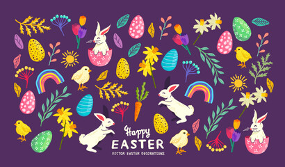 Wall Mural - Bright easter celebrations collection with eggs, rabbits and floral decorations! Vector illustration