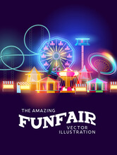 Neon Glowing Funfair Rides And Attractions, Vector Amusement Park.