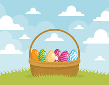Easter Eggs In Basket Scene