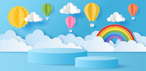 Wall Mural - Paper cut of summer banner background with blue color cylinder podium for products display presentation with sun, cloud, rainbow and colorful hot air balloons. Vector illustration