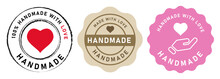 Handmade With Love Handcrafted Product Icon Emblem Label Set With Heart Shape Design In Red Pink And Brown