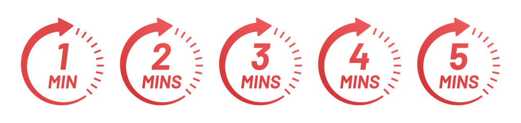 Clock time circle from 1 minutes to 5 minutes icon set. Countdown symbol