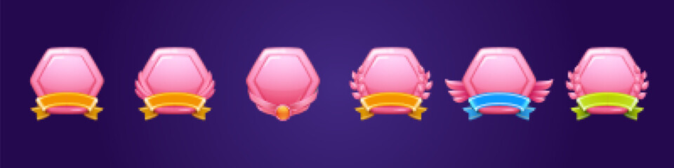Poster - Pink award badges for win in game. Vector cartoon glossy hexagon icons with golden ribbons, gem, feathers and leaves. Shiny plastic buttons of trophy or prize for best place isolated on background