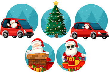 Sticker - Set of Christmas theme with Santa, car, Christmas tree