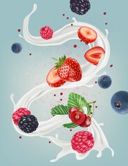 Fototapete - Milk liquid splashing with Mix berries smooth fruit of Tropical fruits on solid color background. Vector in 3D illustrations.