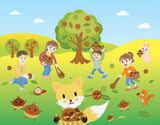 Fototapeta Pokój dzieciecy - 栗拾いをする家族と可愛い森の動物たちの風景