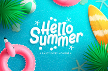 Summer Season Vector Background Design. Hello Summer Text In Sea Water With Floating Elements Of Surfboard And Floater For Relax Outdoor Tropical Vacation. Vector Illustration.

