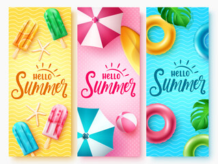 Wall Mural - summer season vector poster collection. hello summer greeting text with tropical season elements of 