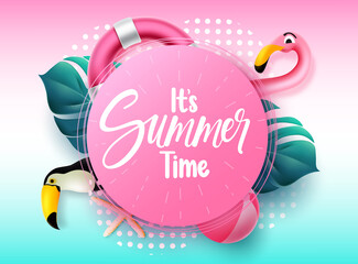 Wall Mural - Summer vector template design. It's summer time text in pink circle space with flamingo, toucan and leaves elements for tropical season messages. Vector illustration.
