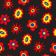 Poster - Retro seamless pattern of colorful hippie flowers on a black background. Vintage festive groovy botanical design. Trendy vector illustration in 70s and 80s style