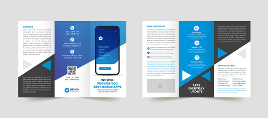 Mobile app promotion trifold business brochure template. Creative and Professional brochure design. Simple and minimalist promotion layout with blue color.
