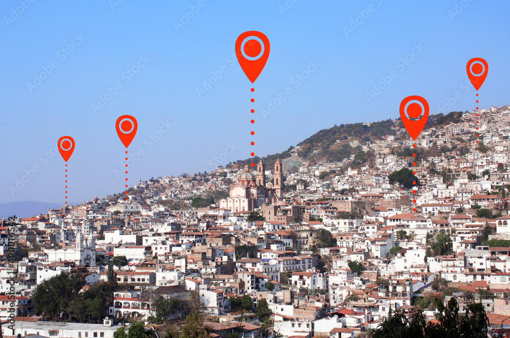 Network connection concept. Aerial view on Taxco de Alarcon city ...