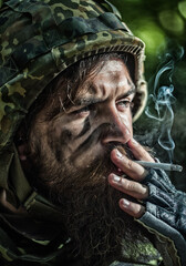 Wall Mural - Close up portrait face of russian or ukrainian soldiers smoking. Russia vs Ukraine soldier. Tired soldier.