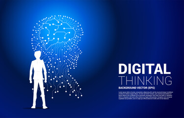 Poster - silhouette of businessman standing with man head from dot connect line circuit board style with with brain. Concept background human future and technology