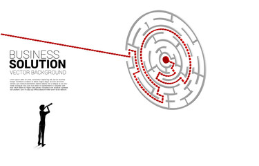 Poster - Silhouette of businessman looking through telescope with plan to center of maze . Business concept for problem solving and solution strategy
