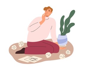 Poster - Creative writer with crumpled papers around. Creativity crisis concept. Confused author with difficulties, problems in thinking, creating process. Flat vector illustration isolated on white background
