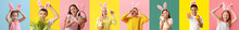 Group Of People With Bunny Ears And Easter Eggs On Color Background
