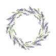 Watercolor lavender wreath. Hand painted vintage violet flowers circle frame with leaves and branch isolated on white background. Spring wildflowers illustration for wedding invitation, design logo