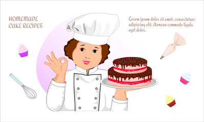 pastry chef is a woman in uniform holding a cake on a tray. Baking, bakery products, cooking, sweet products, dessert, confectionery, vector illustration