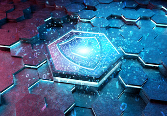 Poster - Shield icon concept engraved on metal hexagonal pedestral background. Security Logo glowing on abstract digital surface. 3d rendering