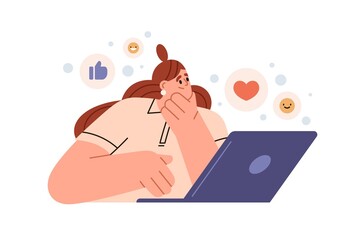 Leinwandbilder - Person receiving positive feedback to social media post. Blogger at laptop, chatting online, getting likes, thumb-ups in internet blog. Flat graphic vector illustration isolated on white background