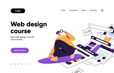 Poster - Landing page design for website homepage. Web-site interface layout with menu, elements. Modern education platform wireframe, template for UI UX online courses. Colored flat vector illustration