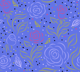 Seamless pattern with imitation of embroidery of roses on a purple background. Botanical summer motif for teskil and surface design