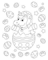 Cheerful unicorn celebrates easter. Coloring book page for kids. Cartoon style character. Vector illustration isolated on white background.