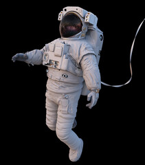 astronaut with safety tether in outer space, isolated on black background