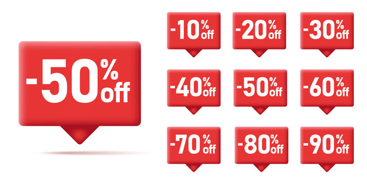 Sale tag speech bubble red square shape with different discount set. 10, 20, 25, 30, 35, 40, 50, 60, 70, 80 and 90, 3d red tooltip with pointer