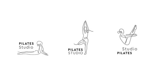 Wall Mural - Yoga Studio Logo set. One line sign. Pilates centre logotype. Vector symbol asana.