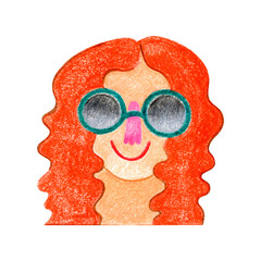 Funny red-haired girl in round sunglasses. A cute ginger hippie woman with curly hair and a smiling face.  Cartoon hand-drawn summer illustration on a white background, isolated. For cards, stickers.