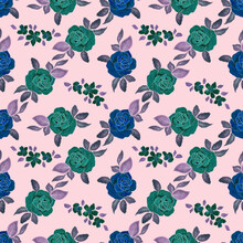 Pattern With Roses. Seamless Pattern With Rose Flowers. Blue Green Flowers In Doodle Style On A Pink Background. Print For Textiles, Stationery, Covers.