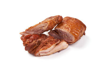 Sticker - Sliced Smoked Chicken thighs, isolated on white background.