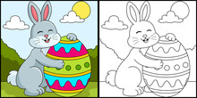 Rabbit Hugging Easter Egg Coloring Illustration
