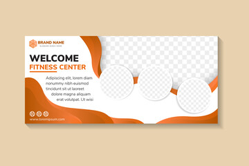 Poster - Fitness training center offer promotion social media banner template. Creative business marketing web banner or post for gym. Digital body and health cover design with wave shape for online.