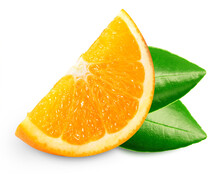 Orange Fruit With Leaf Isolate. Orange Slice On White. Orange Clipping Path