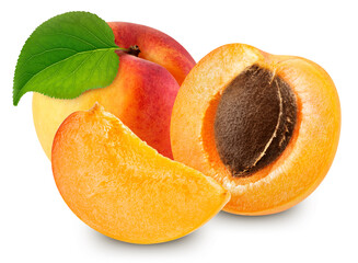 Apricot fruit with leaf isolate. Apricot slice and half on white. Apricot clipping path.