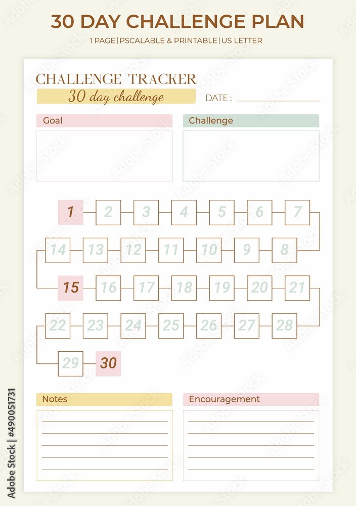 30 days challenge plan minimalist template. Monthly habit challenge ...