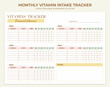 Minimalistic monthly printable vitamin and supplement intake tracker template. Weekly, monthly, daily medication tracking log. Vector horizontal template.