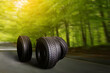 Change a car seasonal tire summer forest road with trees background. Change for winter tire. Banner Selling off. Or Background automechanic	